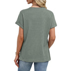 OFEEFAN Womens Short Sleeve Sweater Waffle Knit Tops V Neck Spring Summer T Shirts Casual Blouses Outfits Solid/Striped