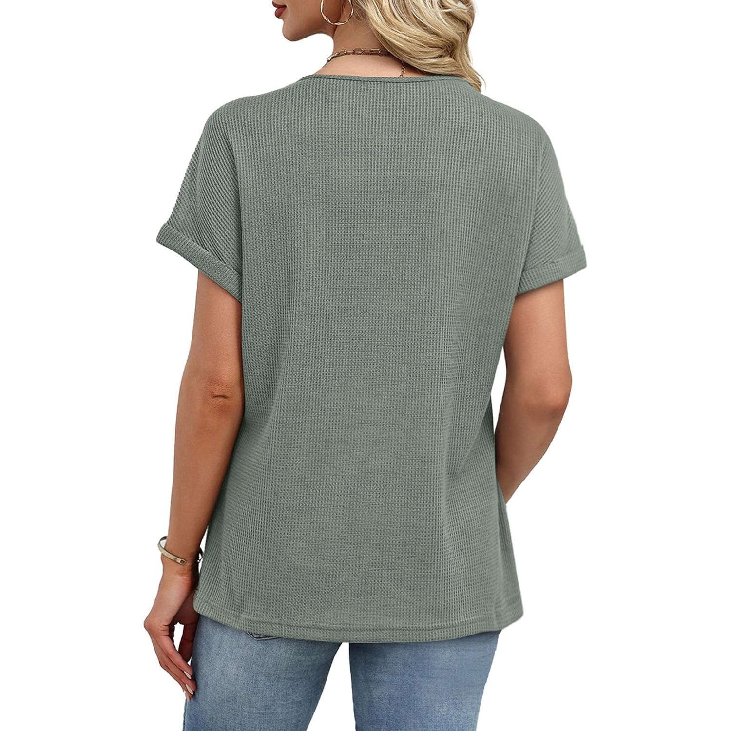 OFEEFAN Womens Short Sleeve Sweater Waffle Knit Tops V Neck Spring Summer T Shirts Casual Blouses Outfits Solid/Striped