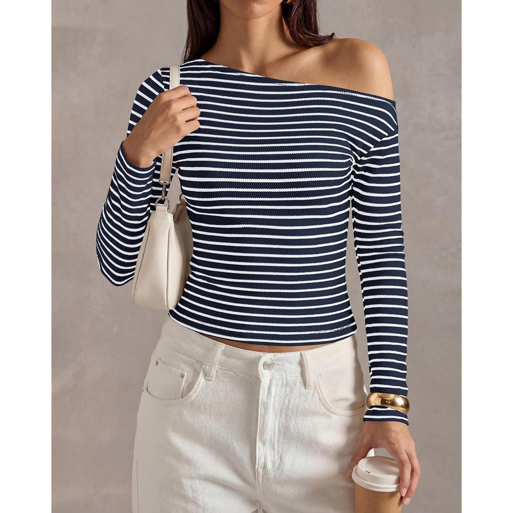 PRETTYGARDEN Womens Tops 2026 Fall Off The Shoulder Long Sleeve Shirts Striped Fitted Y2K T-Shirt Going Out Crop Top