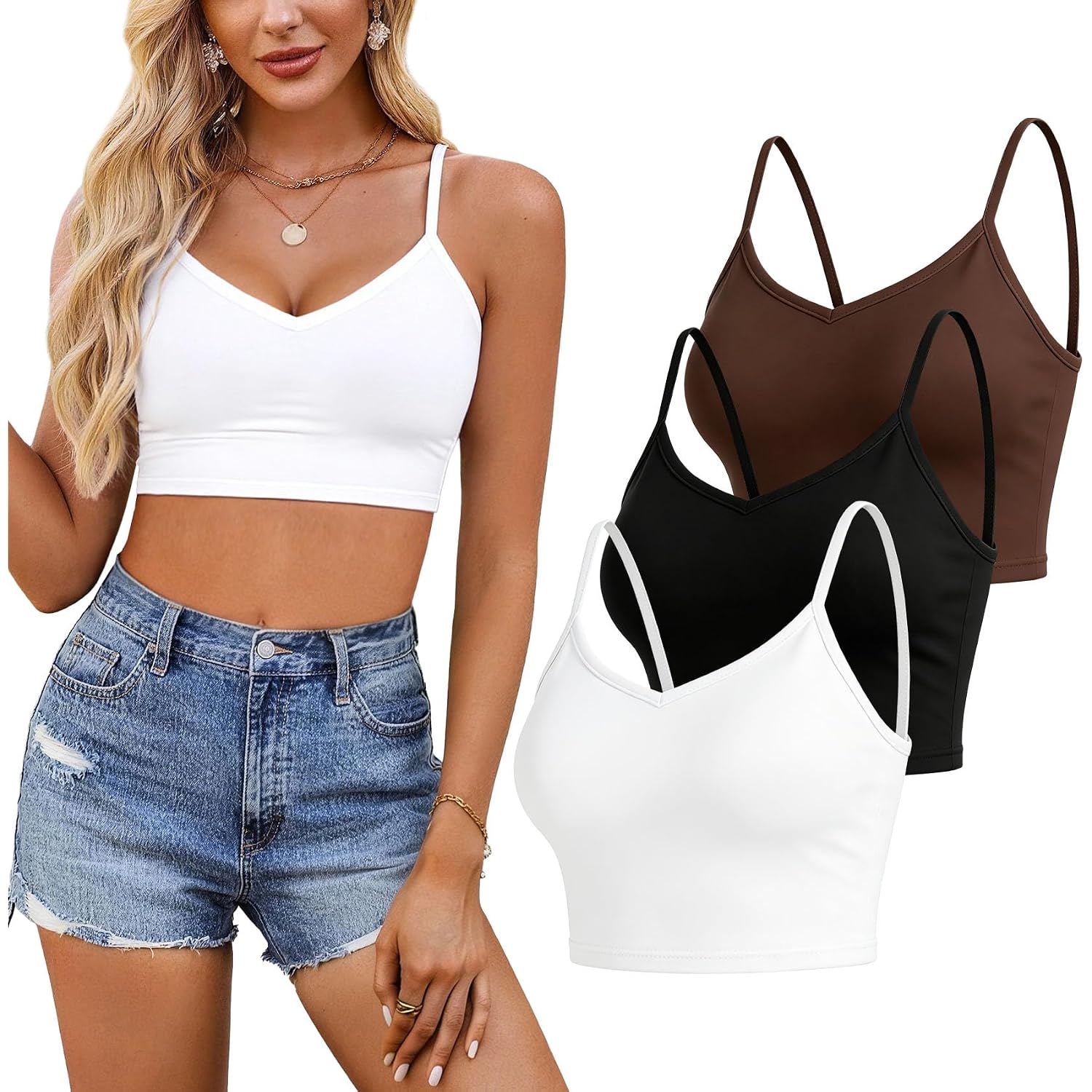 Women's Spaghetti Strap Crop Cami Tops, Basic Slim Fit Stretchy Tank Tops