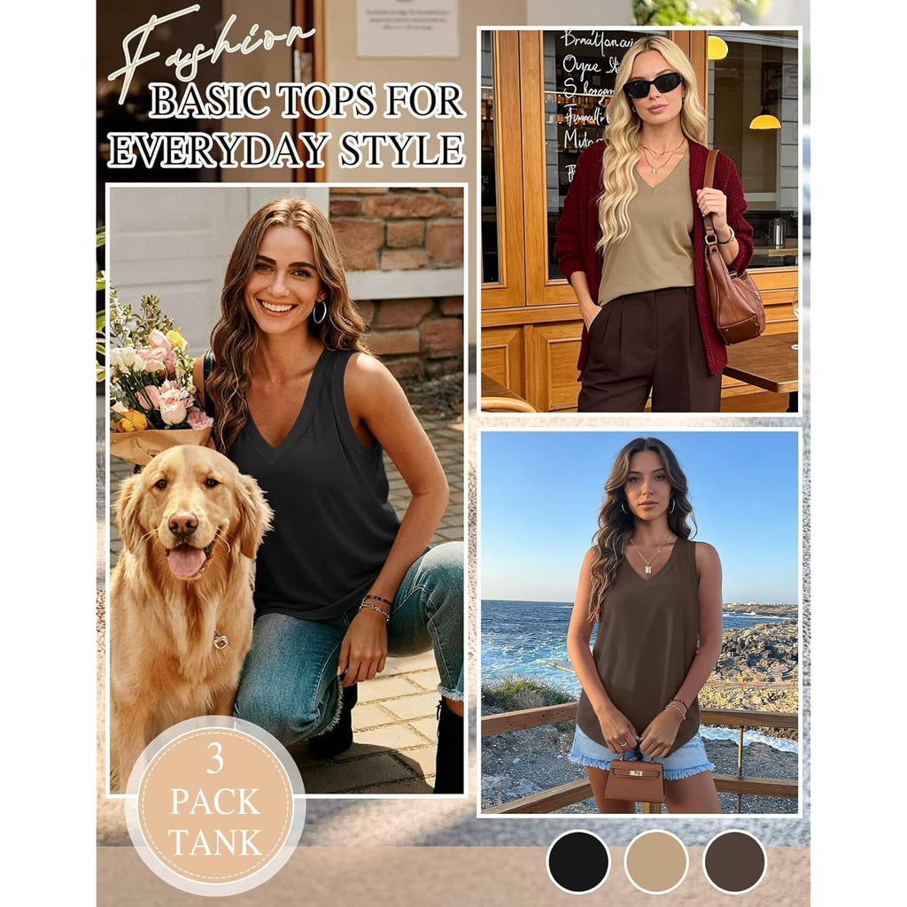 Women's Loose Fit V-Neck Tank Top White/Brown/Khaki