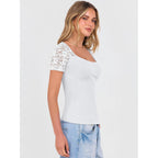 ANRABESS Womens Short Sleeve Shirts Scoop Neck Lace Going Out Tops Slim Fit Rib Knit Casual Tee 2026 Summer Fashion Outfits