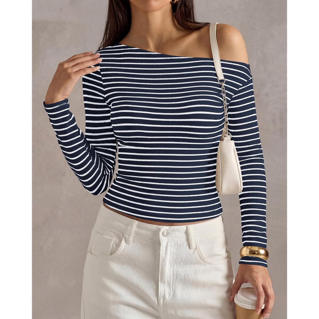 PRETTYGARDEN Womens Tops 2026 Fall Off The Shoulder Long Sleeve Shirts Striped Fitted Y2K T-Shirt Going Out Crop Top