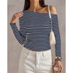 PRETTYGARDEN Womens Tops 2026 Fall Off The Shoulder Long Sleeve Shirts Striped Fitted Y2K T-Shirt Going Out Crop Top