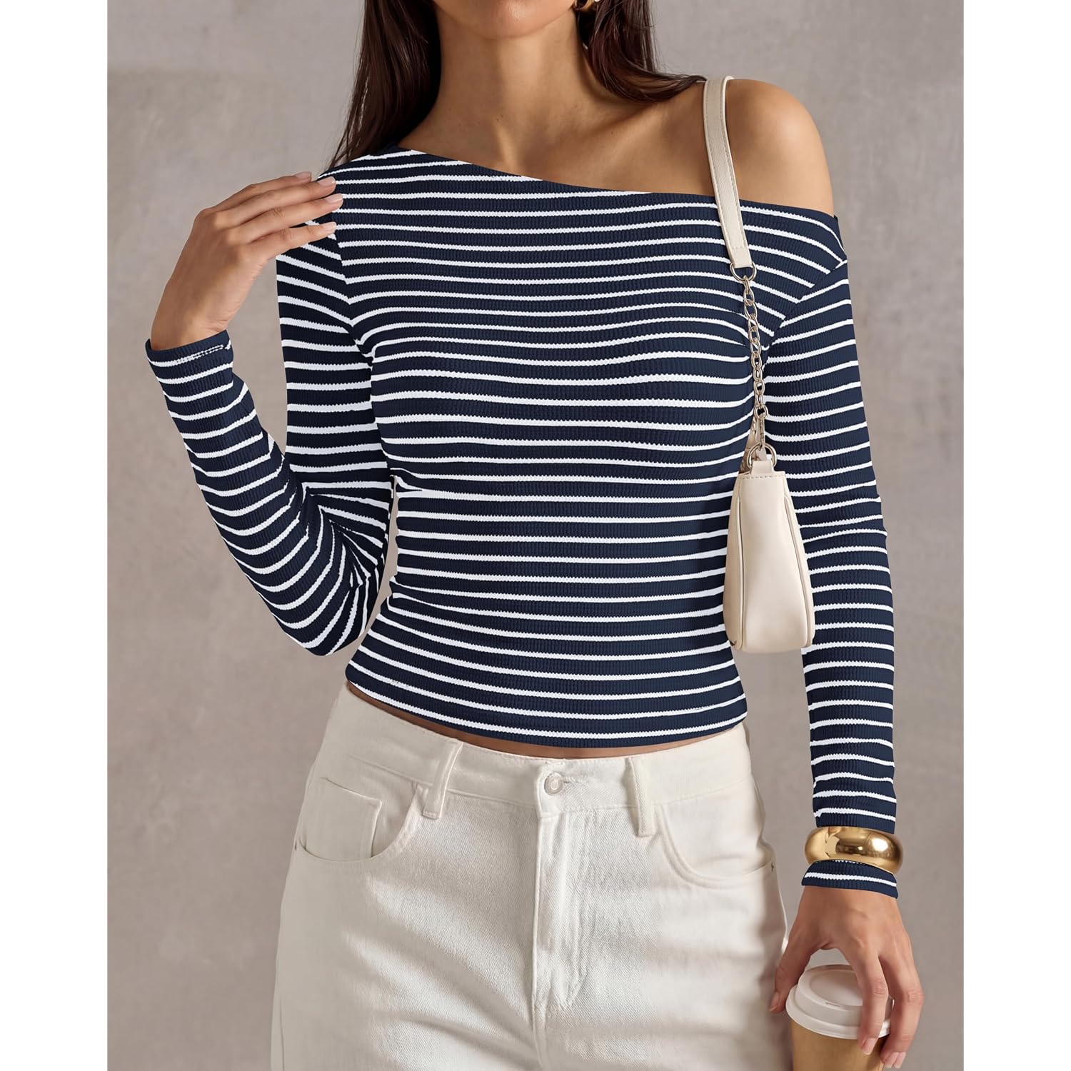 PRETTYGARDEN Womens Tops 2026 Fall Off The Shoulder Long Sleeve Shirts Striped Fitted Y2K T-Shirt Going Out Crop Top