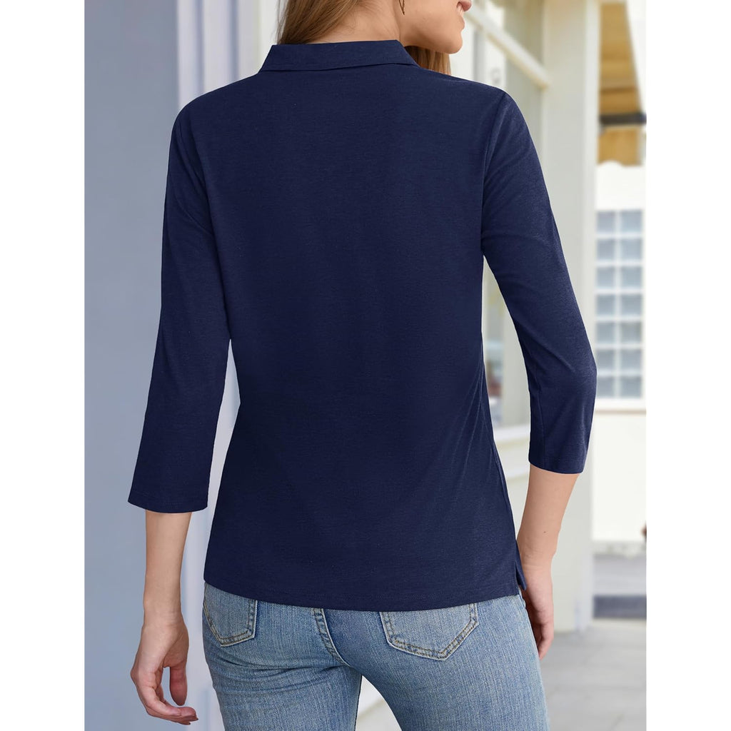 Women's 5-Button Cotton Polo Shirt Navy Blue