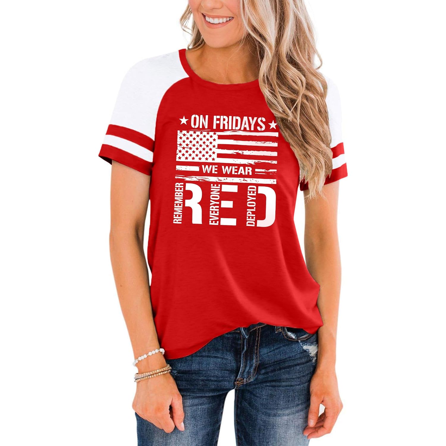 American Flag Shirt Women 4th of July Shirts USA Flag Graphic Patriotic Tshirt Raglan Color Block Tops
