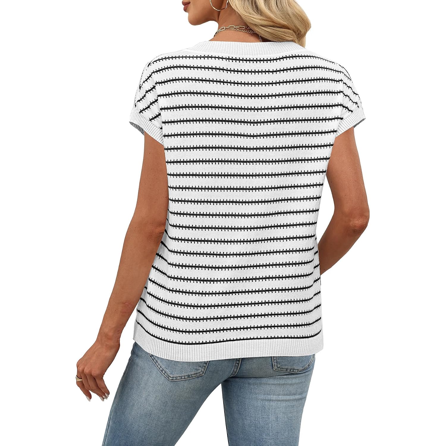 WIHOLL Womens Short Sleeve Sweater V Neck Cute Tops Trendy Spring Summer Striped Pullover Crochet Sweater Vest