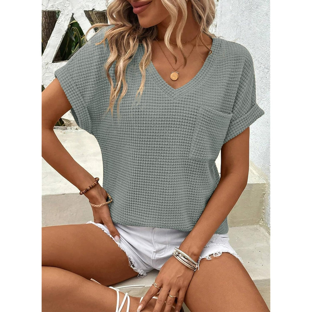 Dokotoo Womens Waffle Knit Tops 2026 Spring Summer V Neck Shirts Casual Trendy Women's Blouses Basic Tee