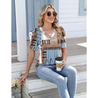 Women's Puff Sleeve V-Neck Tunic Top Brown/Blue Plaid