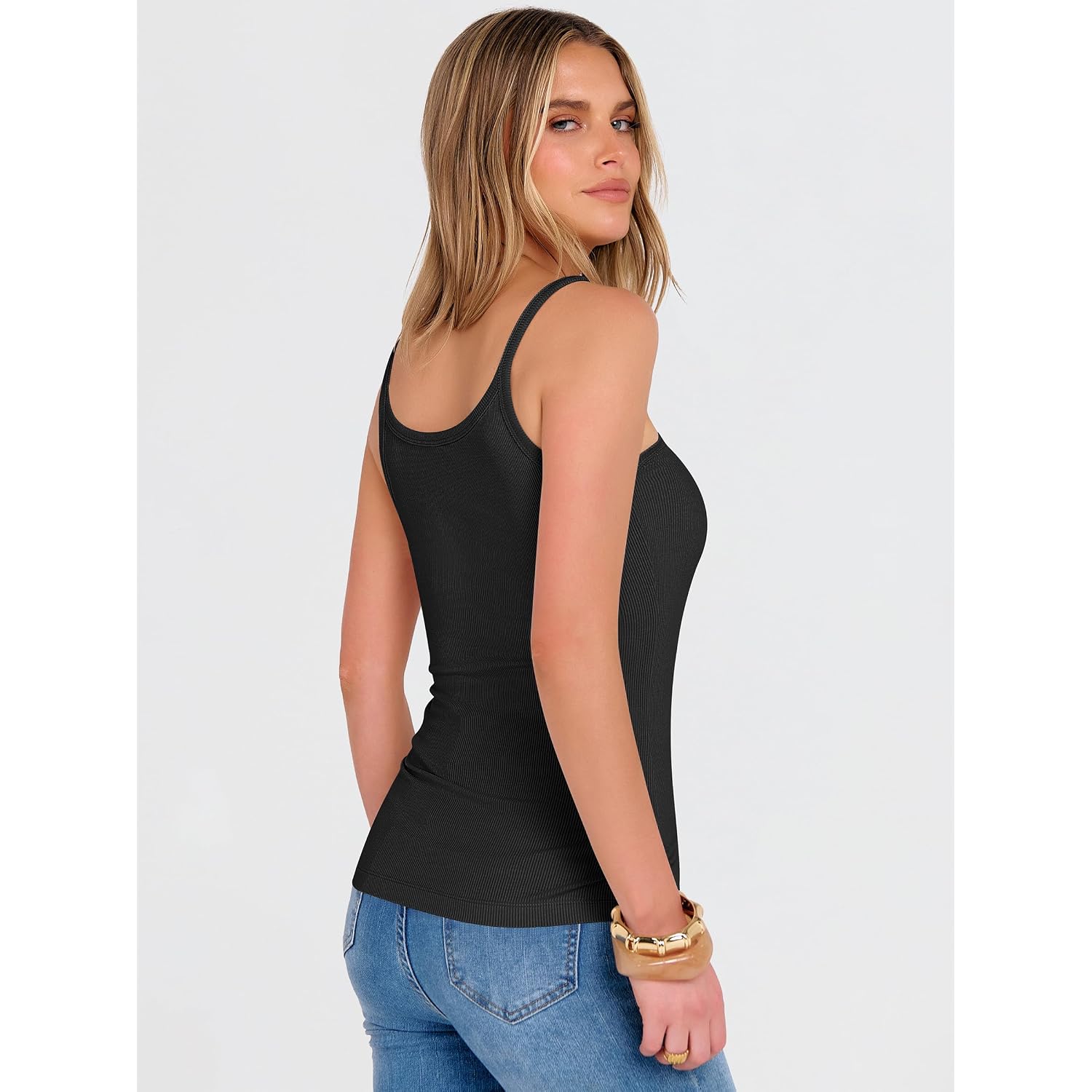 ANRABESS Tank Top for Womens Summer 2026 Scoop Neck Sleeveless Ribbed Knit Workout Basic Tees Slim Fitted Cami Shirts
