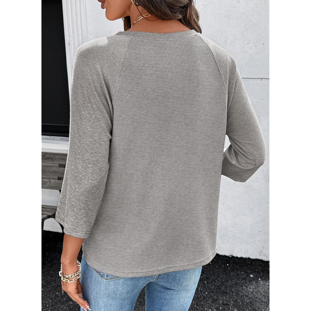 Dokotoo Womens Tops Spring Summer 3/4 Length Sleeve Fashion T Shirts for Women Crewneck Waffle Knit Casual Loose Tee Blouses