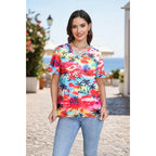 Women Hawaiian Shirt Soft Cool Summer Hawaii Tshirts Floral Tropic Print V Neck Short Sleeve Beach Tee Tops