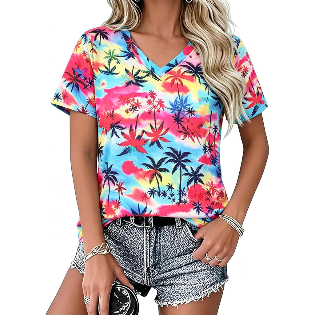 Women Hawaiian Shirt Soft Cool Summer Hawaii Tshirts Floral Tropic Print V Neck Short Sleeve Beach Tee Tops