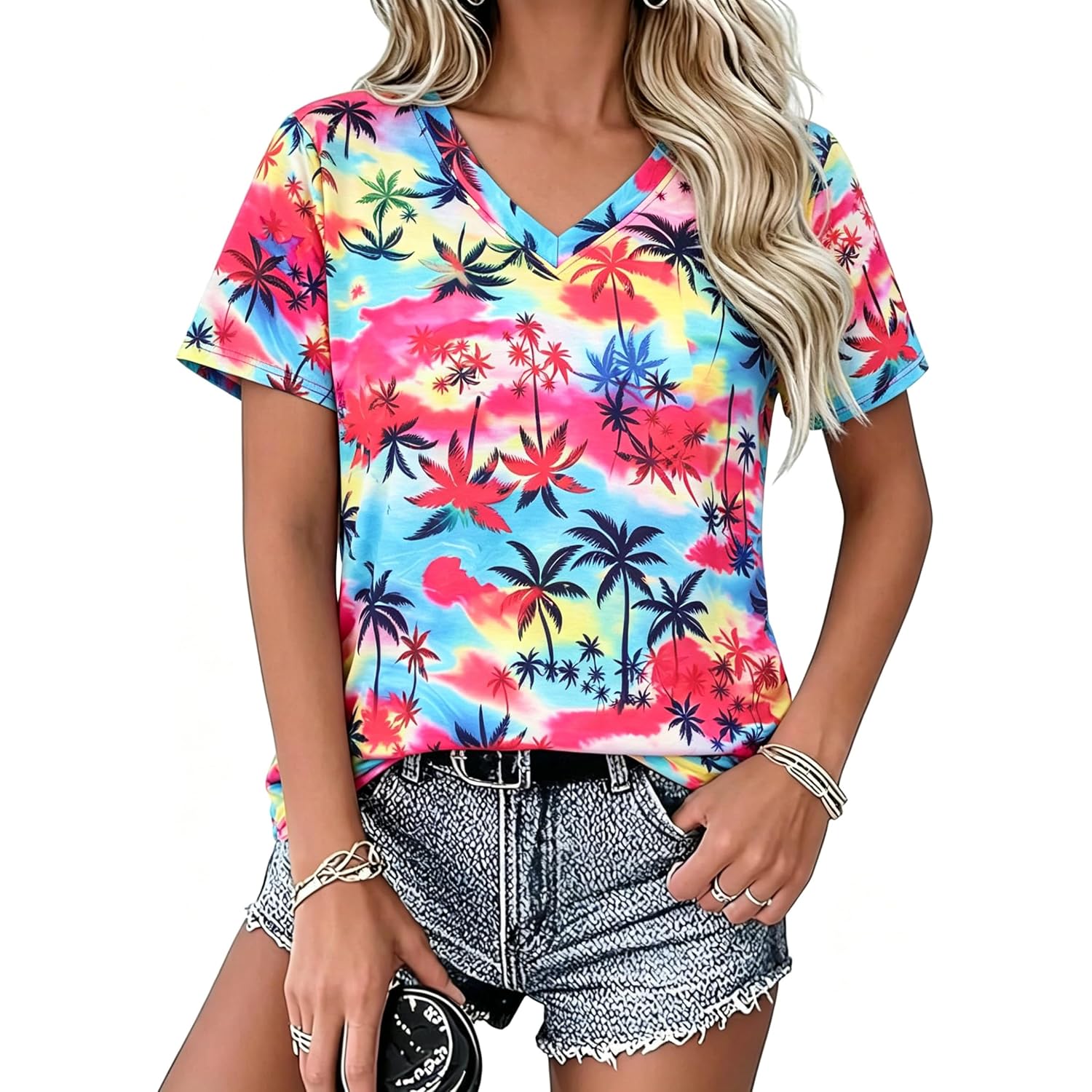 Women Hawaiian Shirt Soft Cool Summer Hawaii Tshirts Floral Tropic Print V Neck Short Sleeve Beach Tee Tops