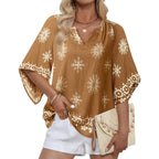 Women's Bohemian Peasant Tunic Top Coffee Multicolor