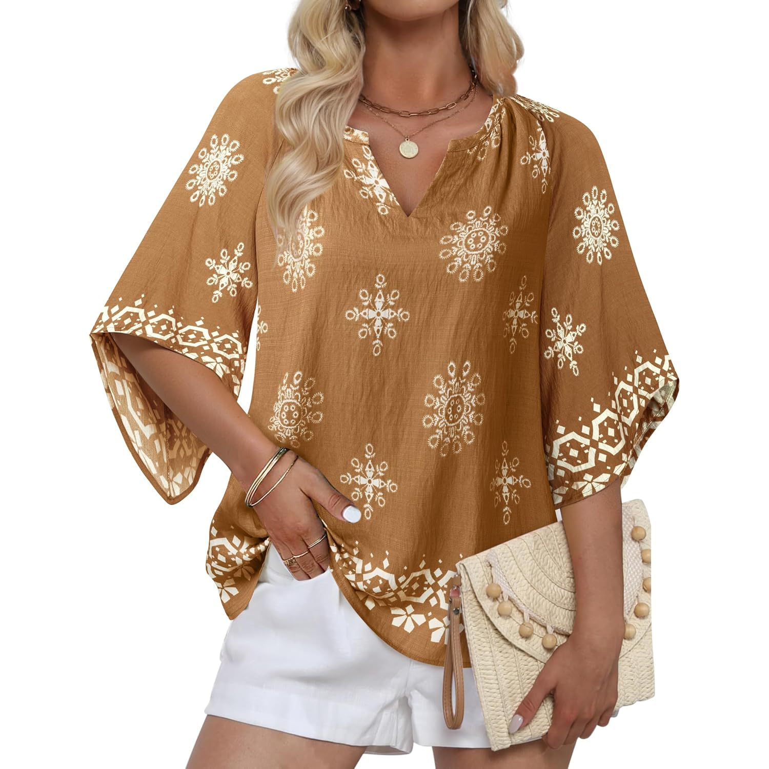 Women's Bohemian Peasant Tunic Top Coffee Multicolor