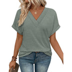 OFEEFAN Womens Short Sleeve Sweater Waffle Knit Tops V Neck Spring Summer T Shirts Casual Blouses Outfits Solid/Striped