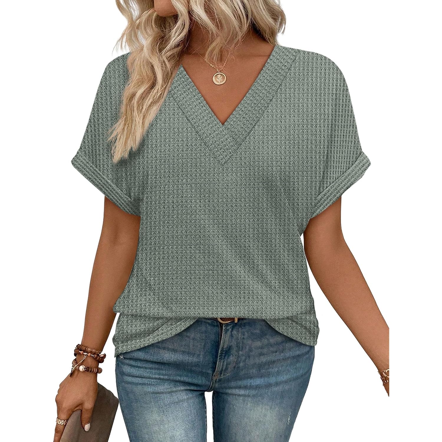 OFEEFAN Womens Short Sleeve Sweater Waffle Knit Tops V Neck Spring Summer T Shirts Casual Blouses Outfits Solid/Striped