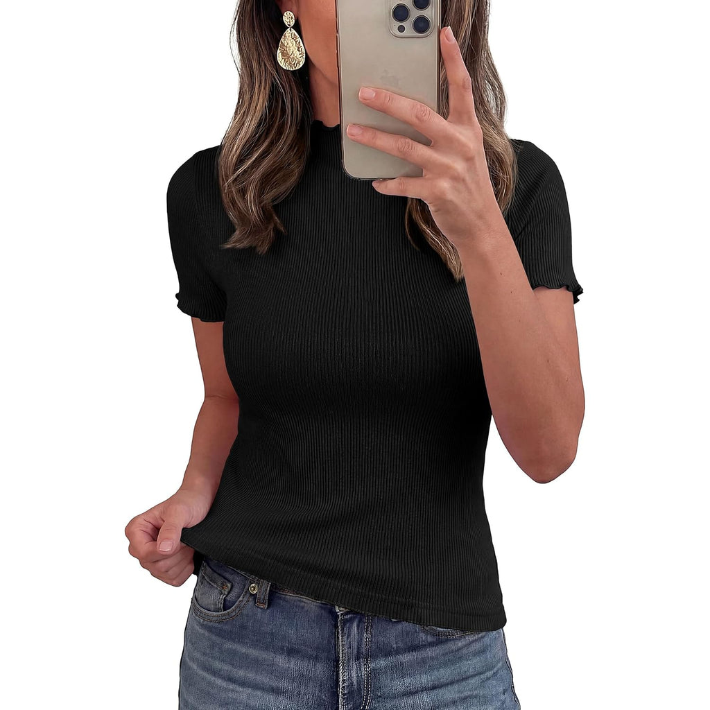 PRETTYGARDEN Short Sleeve T Shirts for Women Summer Clothes 2026 Casual Spring Tops Ruffle Mock Neck Ribbed Fitted Basic Tees