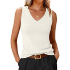 Women's V-Neck Sweater Knit Tank Top Cream White