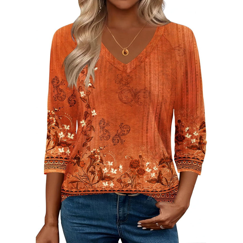 Women's Soft Basic V-Neck Tunic Top Caramel Print