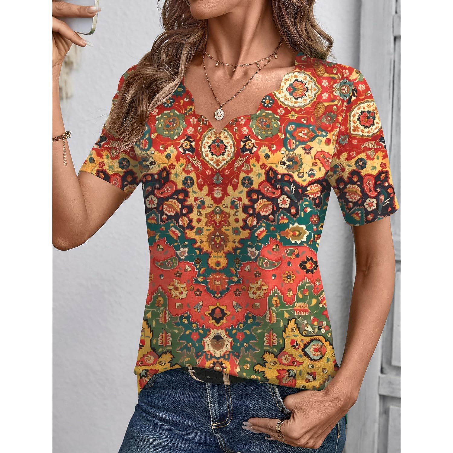 LOMON Womens Summer Tops V Neck Short Sleeve Shirts Dressy Casual Tunic Blouses Spring Fashion