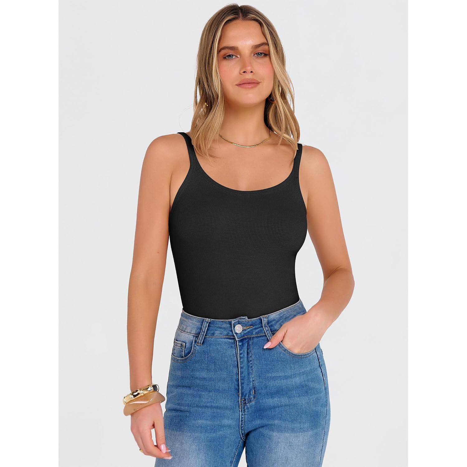 ANRABESS Tank Top for Womens Summer 2026 Scoop Neck Sleeveless Ribbed Knit Workout Basic Tees Slim Fitted Cami Shirts