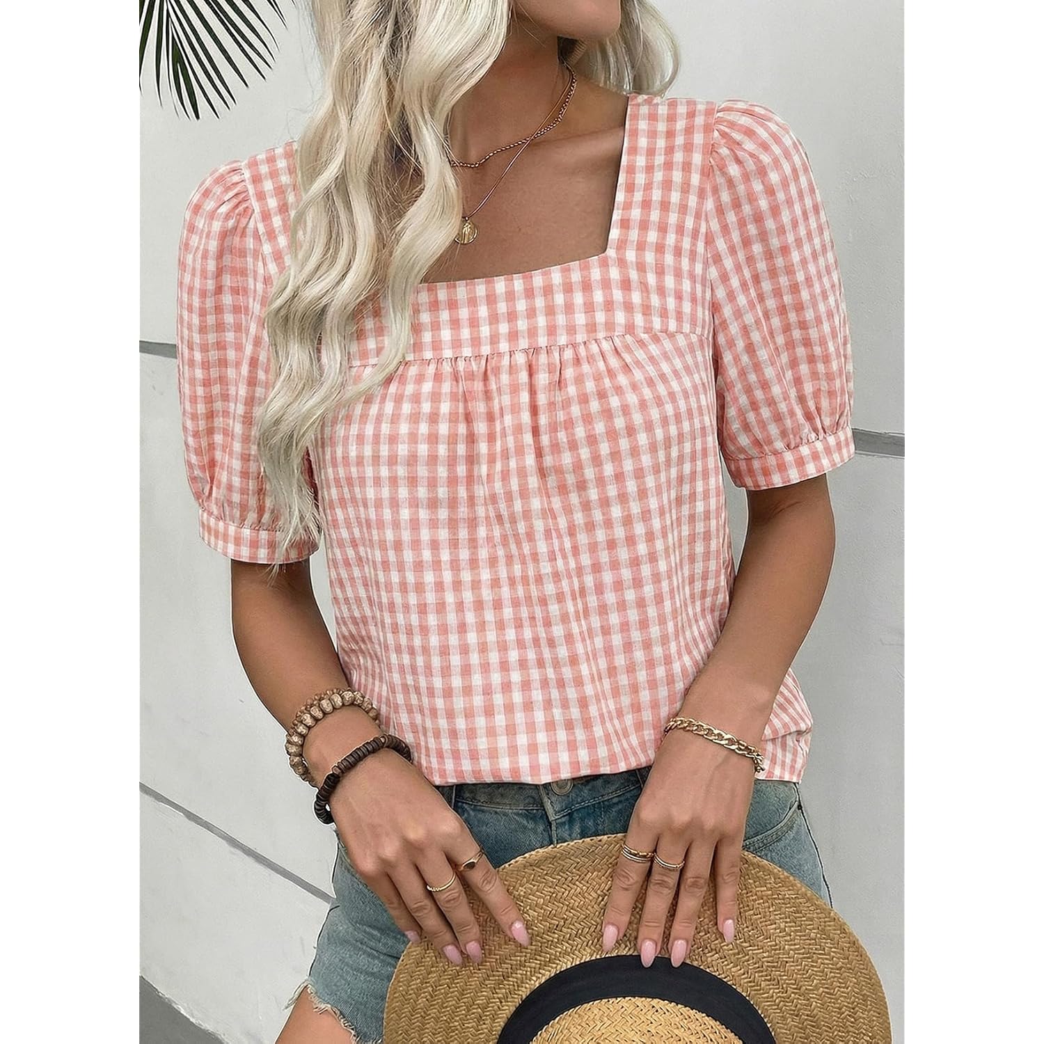 Women's Square Neck Gingham Tunic Top Pink
