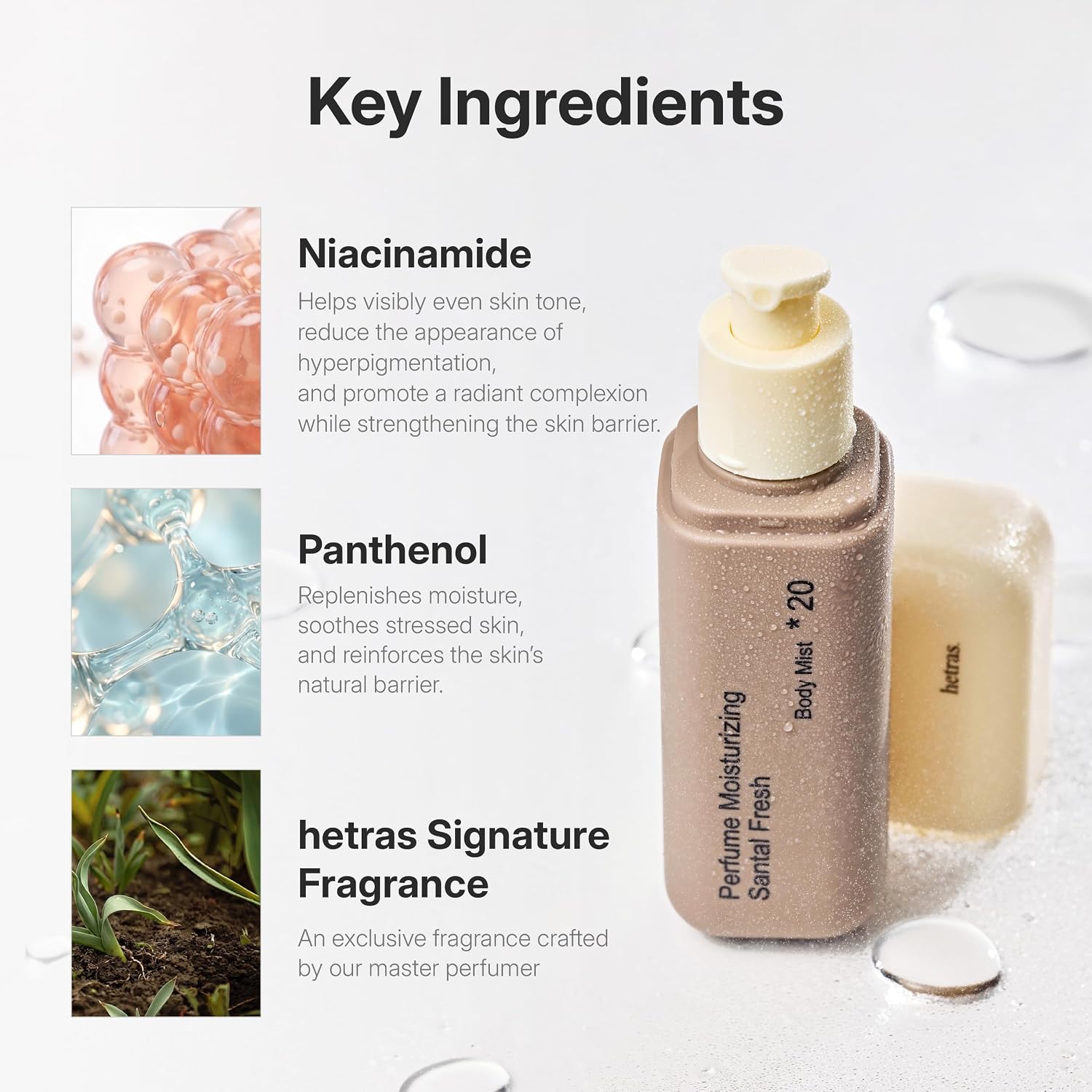 hetras. Perfume Body Mist (Artist Scent) – Hydrating Fragrance Spray with Niacinamide | Skin Smoothing & Moisturizing | 360° Continuous Fine Mist for Body | Long-Lasting Korean Body Care | 4.06 fl.oz