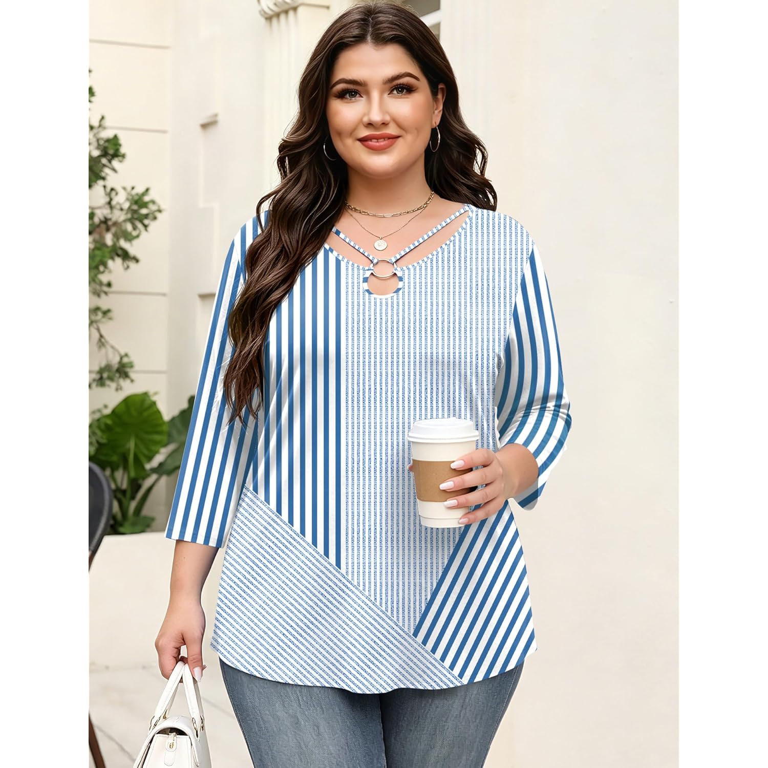 Women's Keyhole Neck Tunic Top White/Blue Stripe Print
