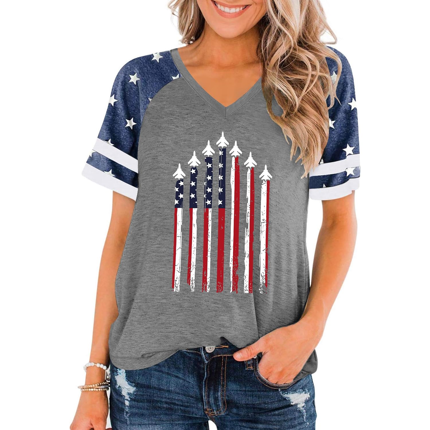 American Flag Shirts Women Patriotic Shirt 4th of July Tee Tops V-Neck Short Sleeve Summer T-Shirt
