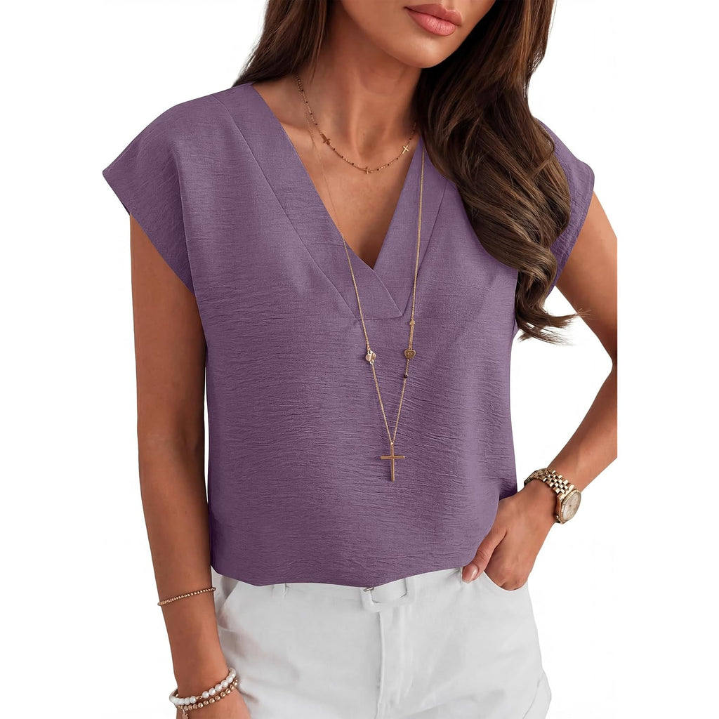 ANRABESS Women Tops Cap Sleeve Dressy Casual V Neck Shirts 2026 Summer Business Work Blouses Outfits Trendy Spring Clothing
