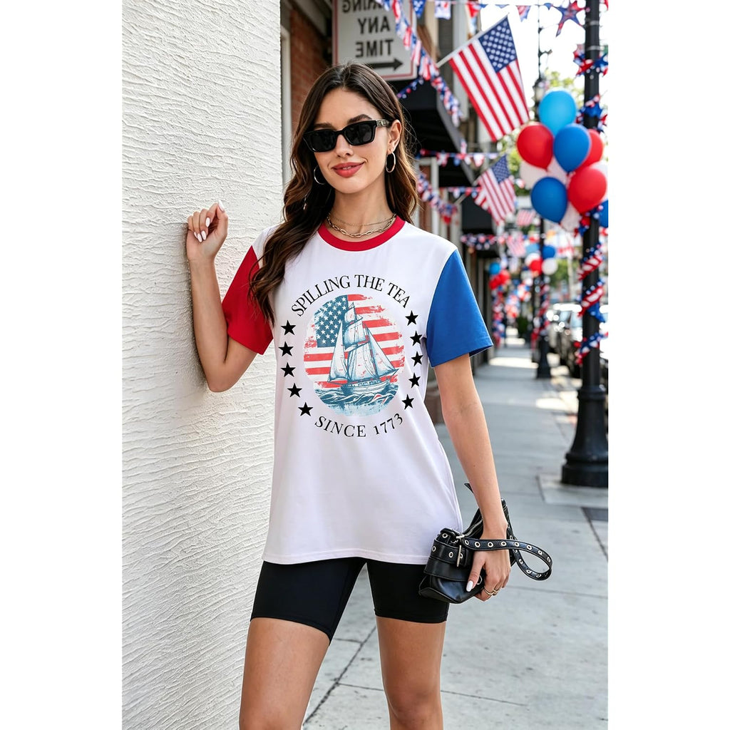 4th of July Shirts for Women Spilling The Tea Since 1773 Shirt Patriotic American Top History Teacher Tee