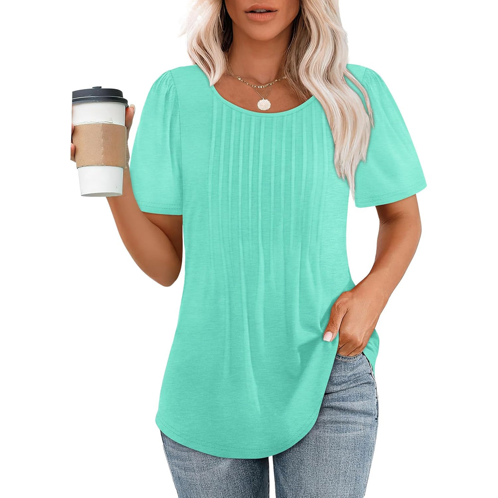 Women's Pleated Scoop Neck Tunic Top Aqua