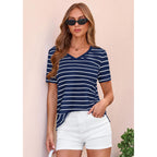 PRETTYGARDEN Short Sleeve Shirts for Women 2026 Spring V Neck Cute Tops Casual Striped Shirt Knitted Tees Summer Outfits