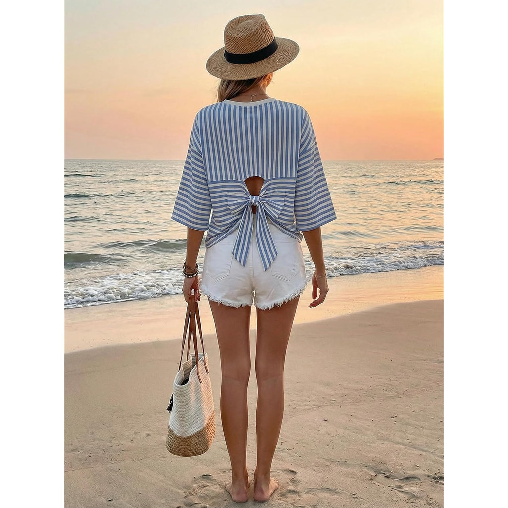 Dokotoo Womens Tops 2026 Striped Tie Back Short Sleeve T Shirts Crewneck Casual Loose Basic Tee Summer Outfits