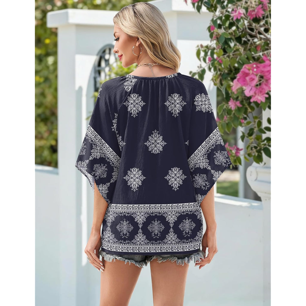 Women's Floral Boho V-Neck Tunic Top Navy Blue