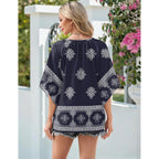 Women's Floral Boho V-Neck Tunic Top Navy Blue
