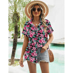 Women's Tropical Floral  Button Down Shirt Black Floral