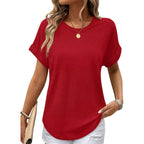 Sampeel Summer Tops for Women 2026 Trendy Rolled Short Sleeve Shirts Waffle Knit Crew Neck Tops Curved Hem Fashion Clothing