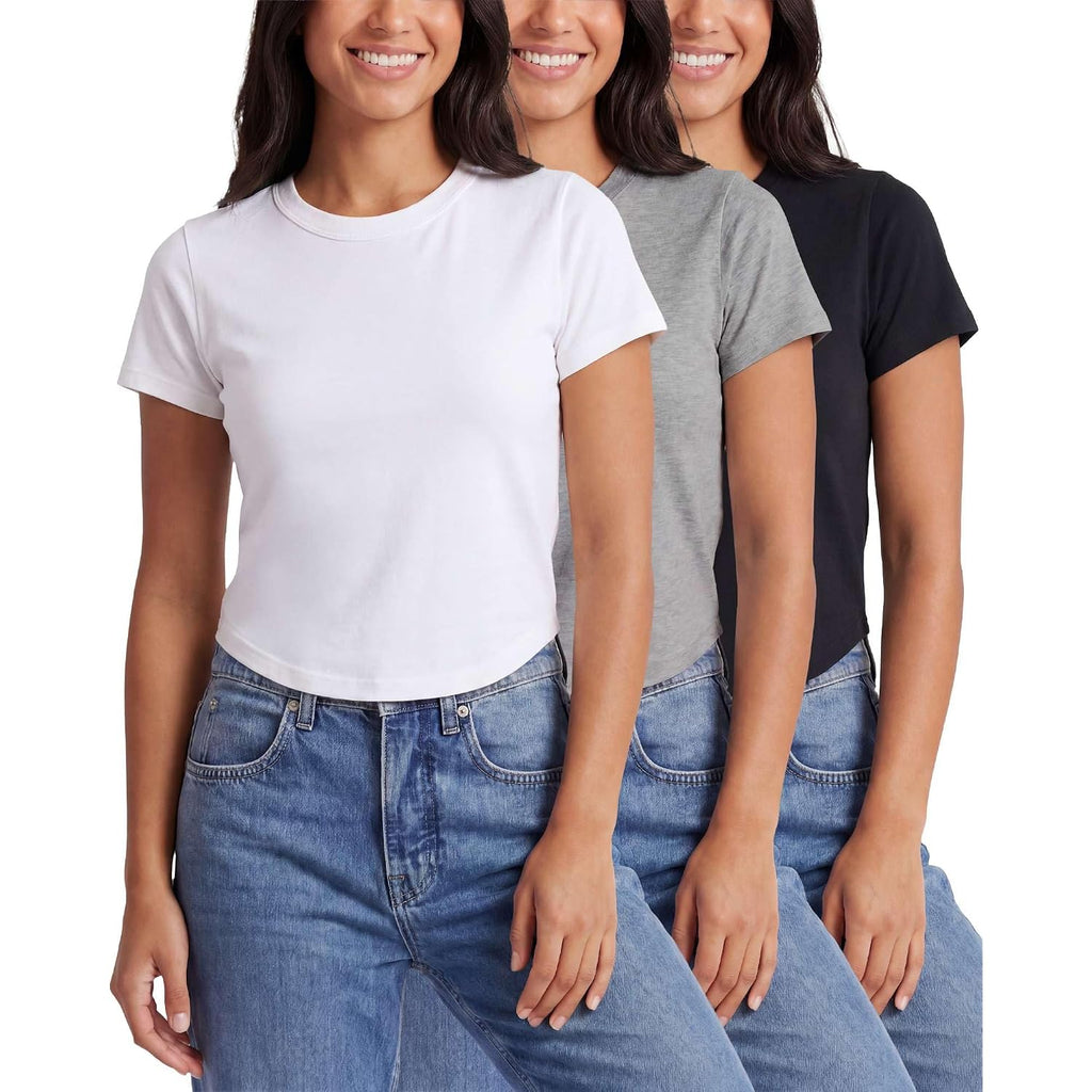 Real Essentials 3 Pack: Women's Cropped Cap Sleeve T Shirts Cotton Crew Neck Short Sleeve Tees Casual Going Out Summer Tops