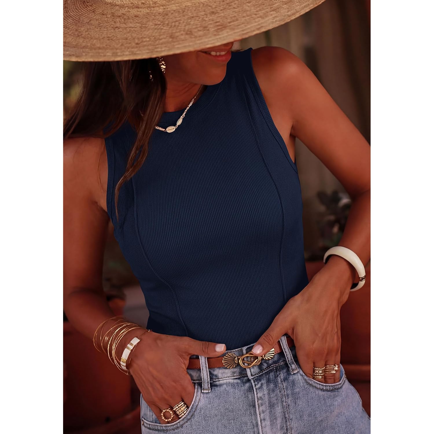 Women's Ribbed Fitted Tank Top Navy