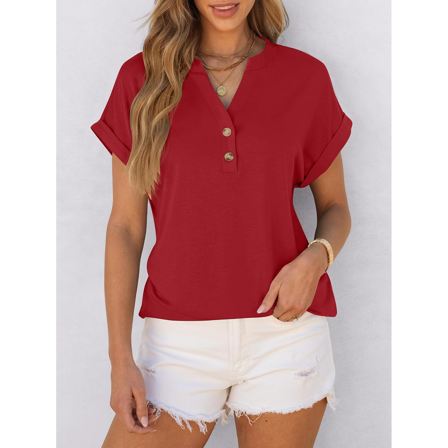 ANRABESS Womens Short Sleeve Henley Tops V Neck Dressy Casual Blouses Summer Trendy Tee Shirts 2026 Vacation Fashion Clothes