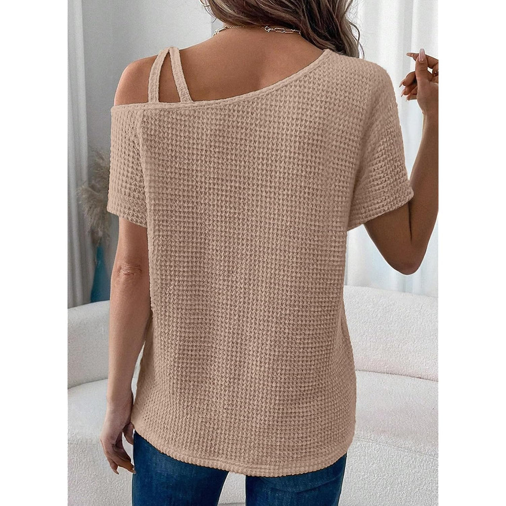 Dokotoo Womens Summer Tops Off One Shoulder Waffle Knit Short Sleeve T-Shirts Casual Lightweight Solid Color Blouses