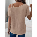 Dokotoo Womens Summer Tops Off One Shoulder Waffle Knit Short Sleeve T-Shirts Casual Lightweight Solid Color Blouses