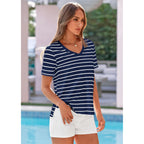 PRETTYGARDEN Short Sleeve Shirts for Women 2026 Spring V Neck Cute Tops Casual Striped Shirt Knitted Tees Summer Outfits