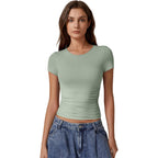 QINSEN Short Sleeve Shirts for Women Round Neck Basic Double Lined Tees Fitted Y2k Crop Tops