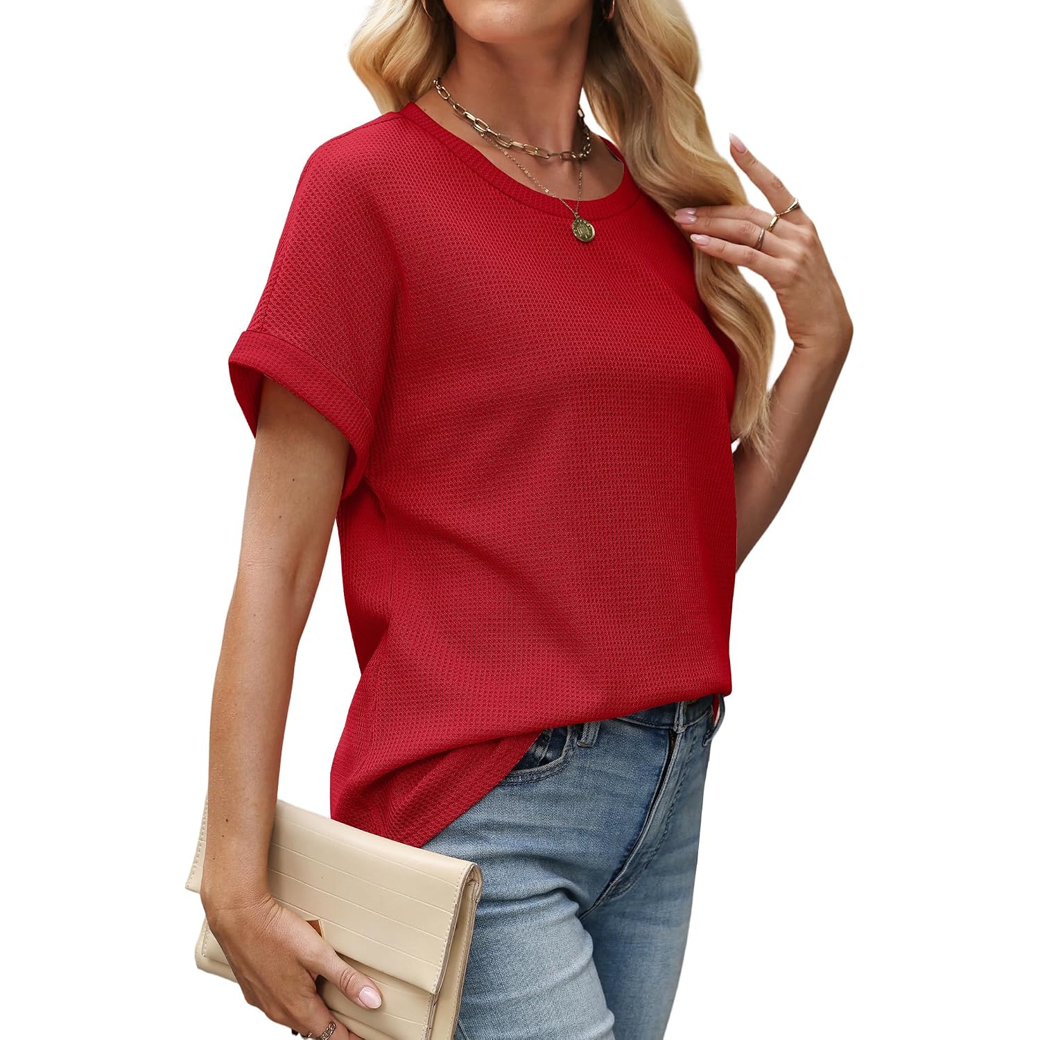 Sampeel Summer Tops for Women 2026 Trendy Rolled Short Sleeve Shirts Waffle Knit Crew Neck Tops Curved Hem Fashion Clothing