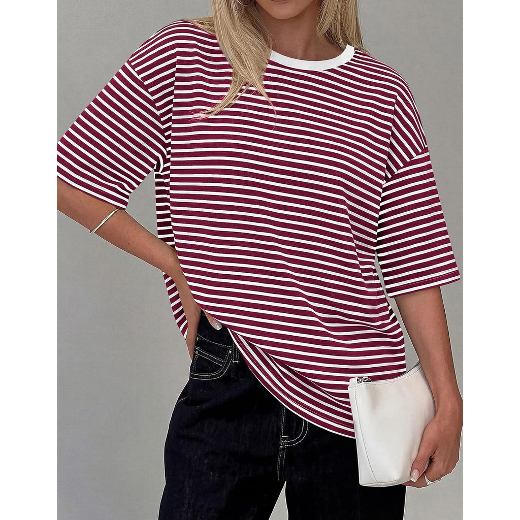 PRETTYGARDEN Women Short Sleeve Crewneck Ribbed Knit Oversized Tshirts 2026 Striped Summer Tops Basic Tee Casual Outfits